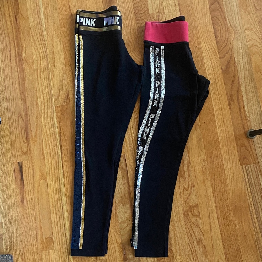 PINK Victoria Secret Black Leggings with sequin stripes! These are a RARE FIND!